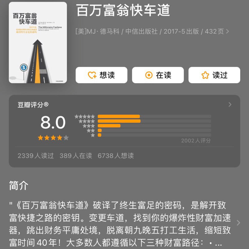 【有风书店/正版现货】[美]MJ·德马科《百万富翁快车道》｜“过程才是通往财富的路途，目的地作为结果虽光芒闪耀，但实现它全靠过程”