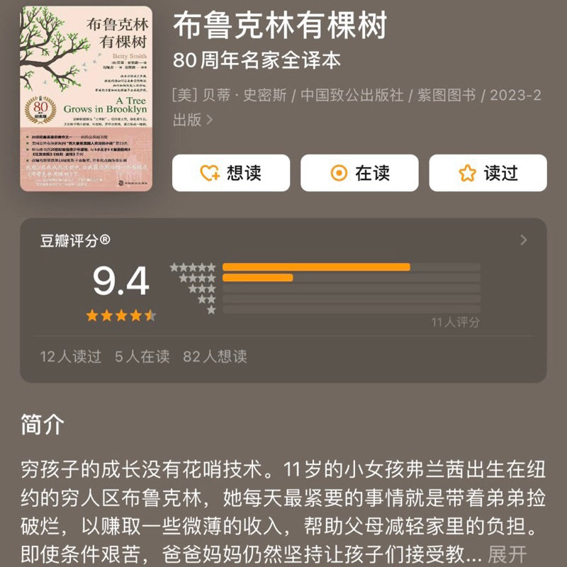 【有风书店/正版现货】[美]贝蒂·史密斯《布鲁克林有棵树》冯瑞贞译（80周年名家全译本）｜“无论多么贫穷，我们都生机勃勃。”